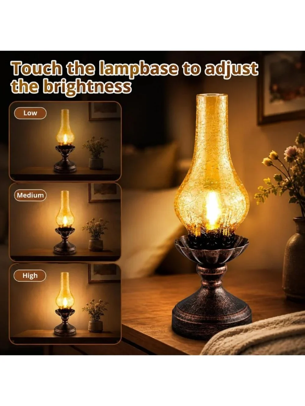 Rustic Vintage Touch Control Table Lamp | 3-Way Dimmable Amber Glass Shade for
